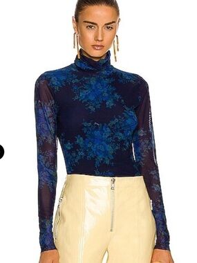 GANNI Printed Mesh Turtleneck Top Blue 8
